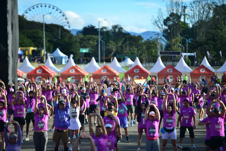 Corredores realizando ejercicios de recuperación muscular luego de correr la media maratón de Bogotá 2025