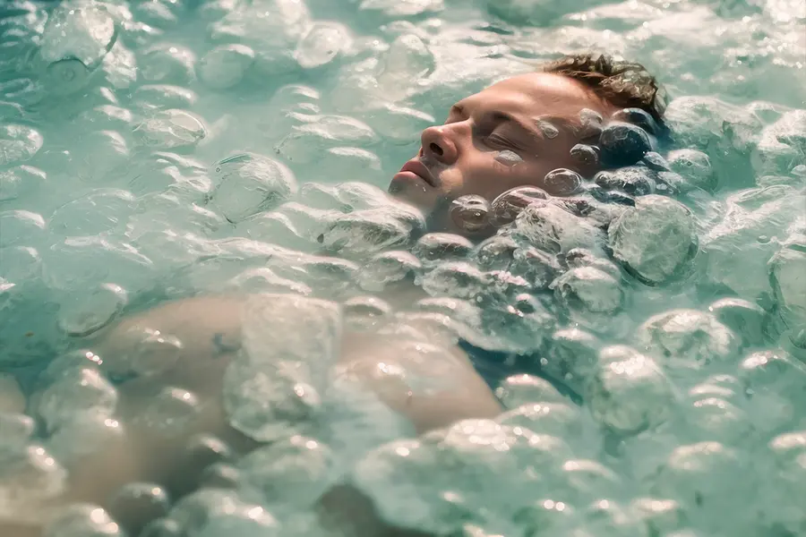 Corredor utilizando baño de hielo para recuperación después de entrenamiento intenso