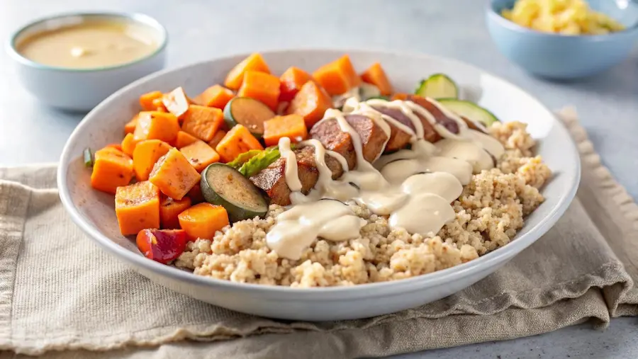 Plato de quinoa con pollo y vegetales mostrando cena óptima de bajo índice glucémico