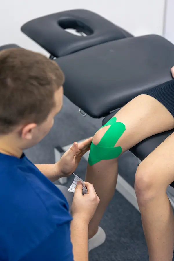 Aplicación de cinta neuromuscular en rodilla de runner mostrando técnica en X para síndrome patelofemoral