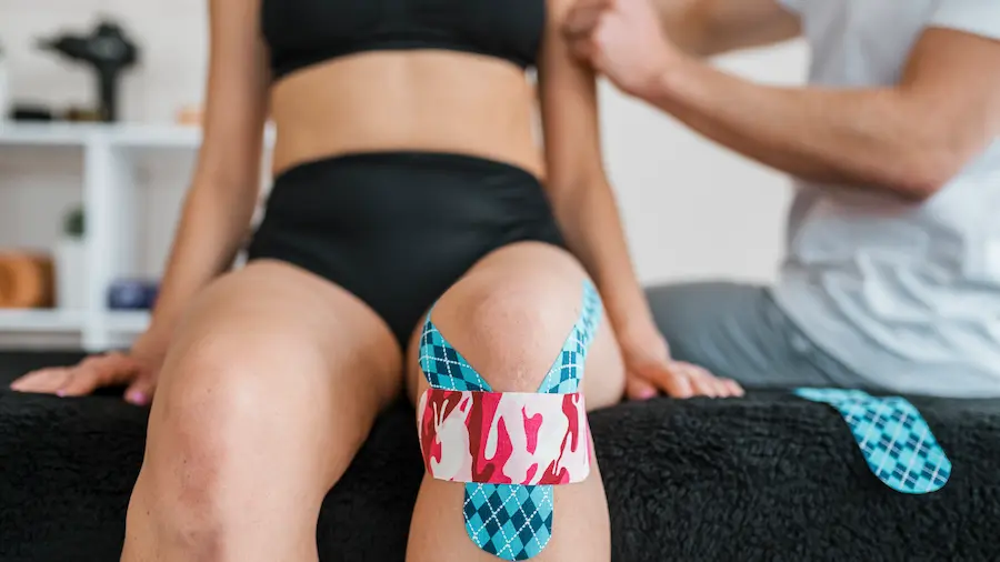 Corredor con kinesiotaping en gemelo y rodilla durante entrenamiento de running en Bogotá
